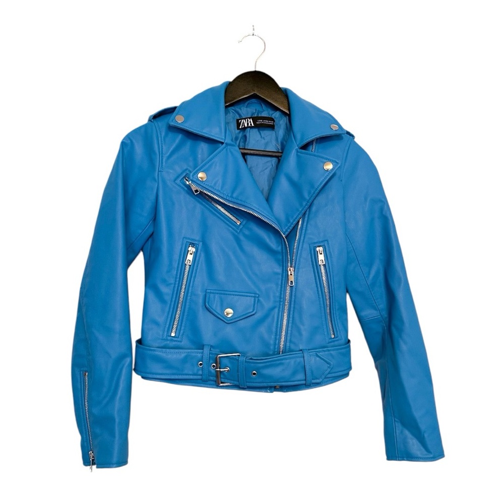 ZARA Faux Leather Blue Moto Jacket XS Biker Blogger Favorite TikTok Style